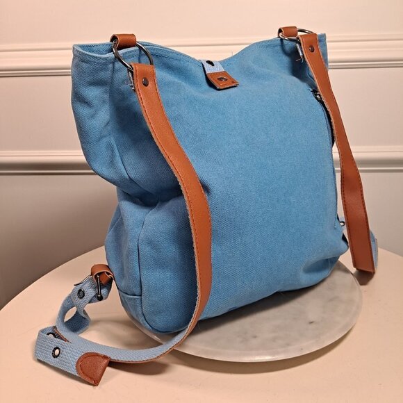 Light Blue Denim Backpack with Camel PU Trim, 2 Sections, Pockets, EUC main image 10